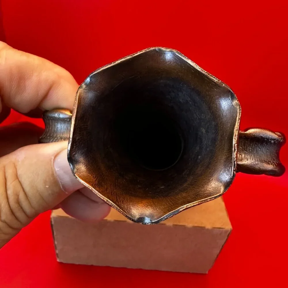 VINTAGE BRONZE VASE, TEXTURED SURFACE AND STYLIZED HANDLES - Picture 7 of 9